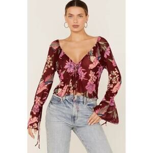 Free People FLORAL PRINT OF PARADISE V-Neck Top in Cocoa Combo L NWT $78